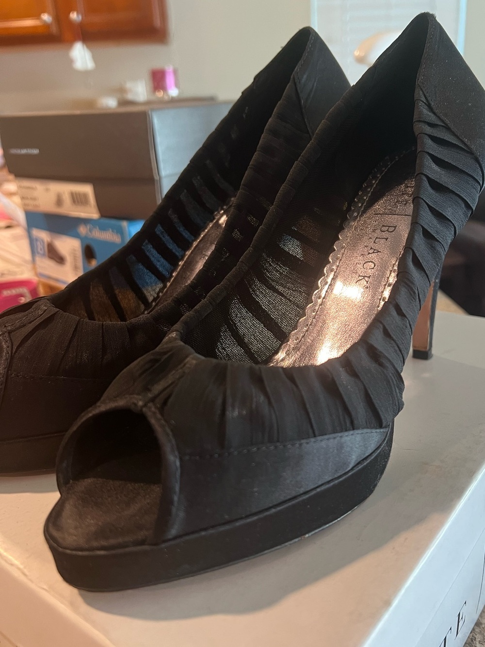 Black Ruched Peep-Toe Heels by Black